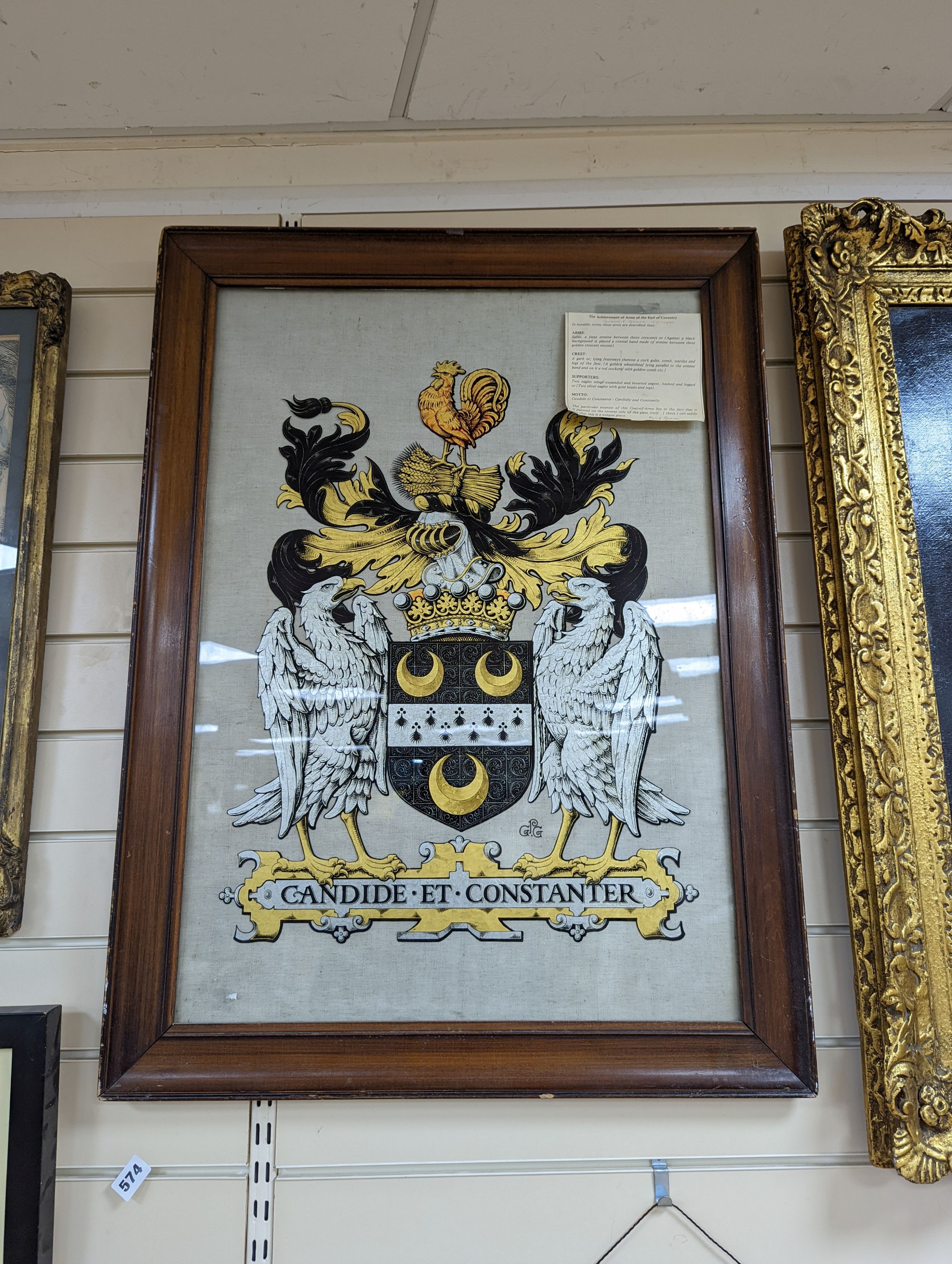 English School c.1900, eglomise glass panel depicting the arms of The Earl of Coventry, executed by Philip Gamon, monogrammed, 75 x 53cm